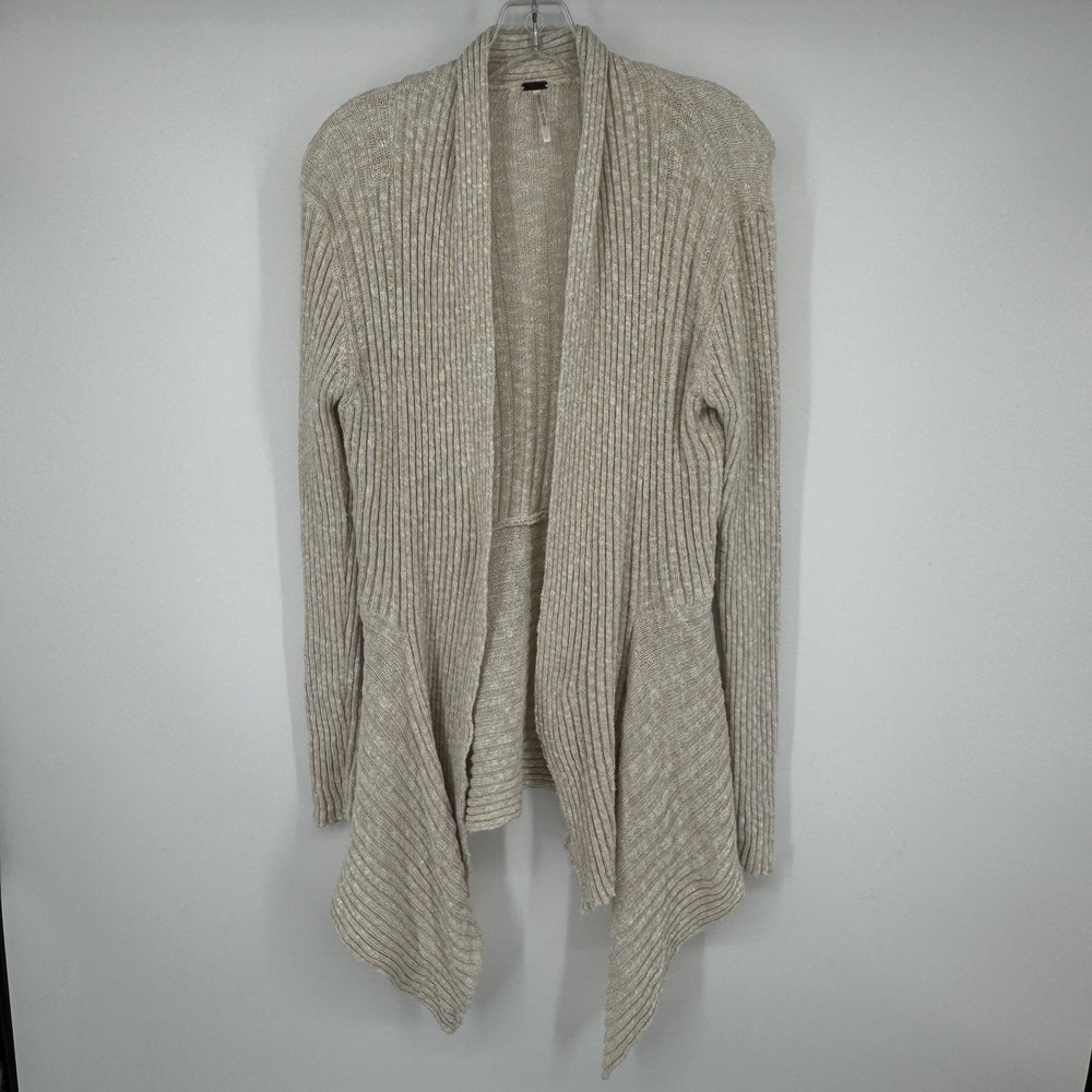 Poof Open Front Ribbed Drape Cardigan Large Oatmeal Boho Waterfall‎ Sweater Cozy